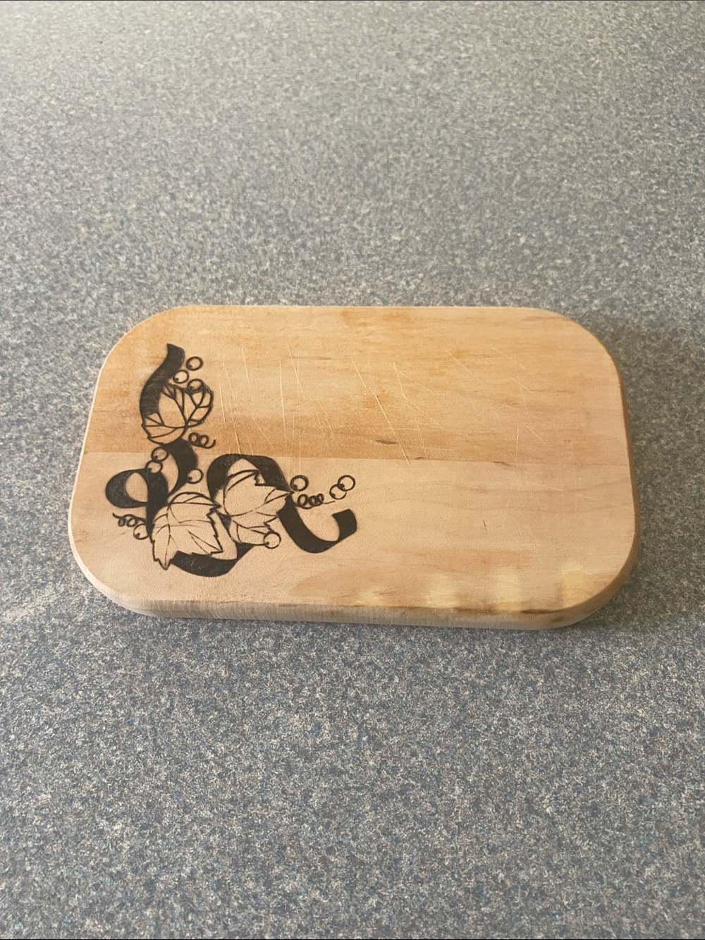 Hand Crafted Natural Wood ExSmall Cutting Board with Black Vine Motif